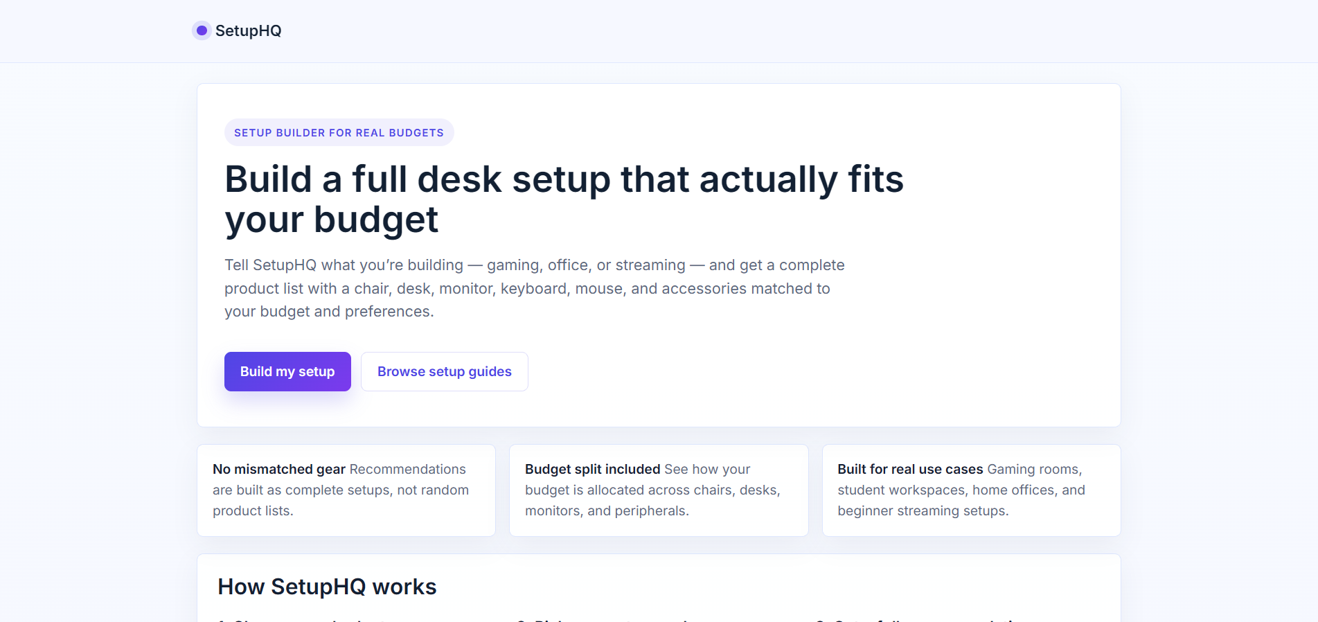 SetupHQ setup recommendation builder screenshot
